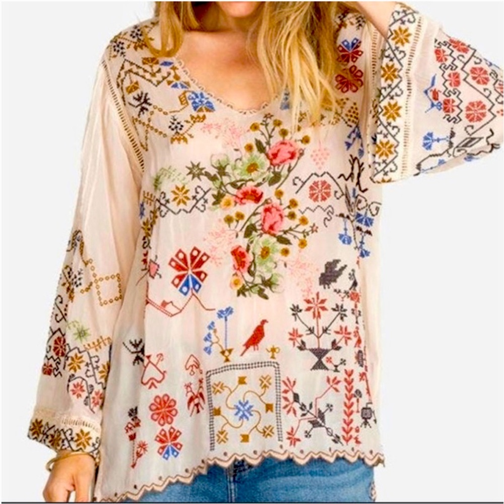 Johnny Was embroidered top, beautiful cream colored background.